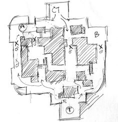 a black and white drawing of a floor plan with arrows pointing to different areas in it