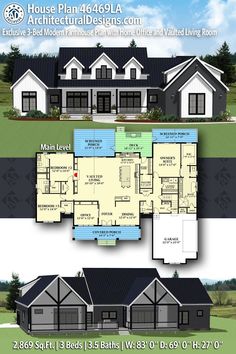 two story house plans with an open floor plan and three car garages on each side