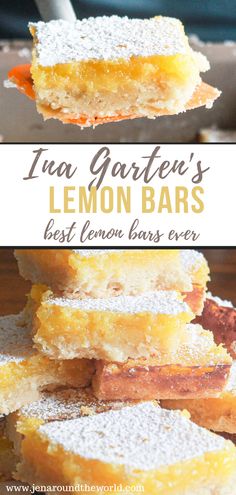 lemon bars stacked on top of each other with the title text overlay reading ina garden's lemon bars best lemon bars ever