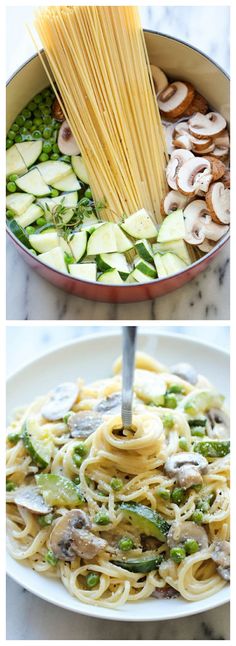 two pictures showing different types of pasta and vegetables