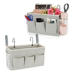 two storage bins with handles and hooks on each side, one has flowers in it