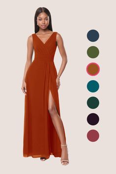 a woman is wearing an orange dress with different colors on it and the color chart below her