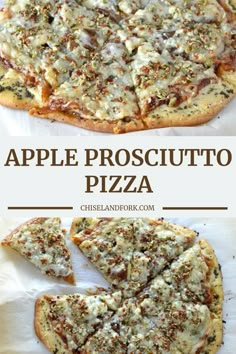 an apple prosciutto pizza is cut into slices