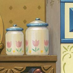 a painting of two canisters sitting on top of a shelf next to a mirror