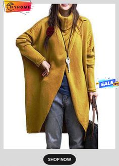 Women Long Sleeve Acrylic Casual Turtleneck Sweater Chic Long Tops For Fall, Solid Color Crew Neck Outerwear For Fall, Fall Crew Neck Solid Color Outerwear, Fall Crew Neck Outerwear In Solid Color, Casual Turtleneck, Asymmetrical Sweater, Yellow Sweater, Long Sleeve Turtleneck, Trendy Clothes For Women