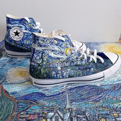 Custom Van Gogh The Starry Night Shoes. Hand painted The Starry Night Sneakers. Inspire by Vincent Van Gogh's the most famous painting 'The Starry Night' (1889). Acrylic paint on canvas shoes.  Painting is on the BOTH sides of each shoe. Every size is possible. I use US size chart! Shoes are hand painted using High grade acrylic paint. I use a special textile paint designed to be flexible on fabric. The paint is water proof and fade proof.  Prices depends on what model of shoes you will choose.   ->'The Starry Night' by Vincent Van Gogh is in the public domain. This work is in the public domain in its country of origin and other countries and areas where the copyright term is the author's life plus 100 years or fewer. This work is in the public domain in the United States because it was pu Van Gogh Merch, Starry Night Inspired Outfit, Canvas Shoes Painting, Van Gogh Wedding, Van Gogh The Starry Night, Artsy Shoes, Shoes Painting, Night Shoes