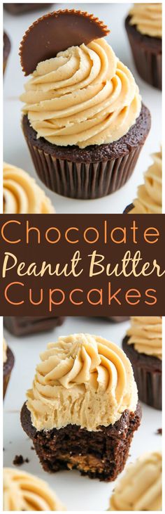 chocolate peanut butter cupcakes with frosting on top