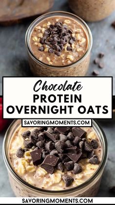 chocolate protein overnight oats in mason jars with text overlay reading chocolate protein overnight oats