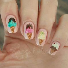 # NAILS- ICE CREAM CONE Vacation Beach Nails, Nail Design For Kids, Ice Cream Nail Art, Cream Nail Art, Ice Cream Nails, Ice Cream Month, Ice Cream Sunday, National Ice Cream Month, Cream Nail