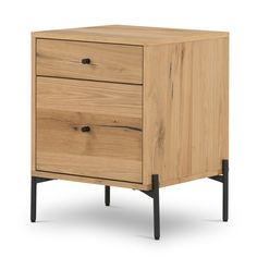 a wooden cabinet with two drawers and black legs