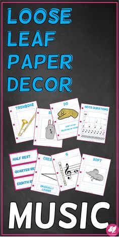 a poster with the words loose leaf paper decor on it and pictures of various items