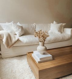 a white couch sitting next to a wooden coffee table on top of a shaggy rug