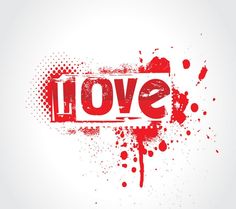 the word love is painted in red on a white background with splatters and dots