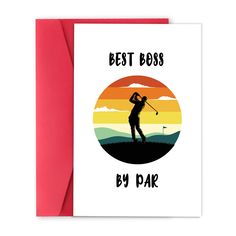 a card with the words best boss by park in front of an image of a golf player