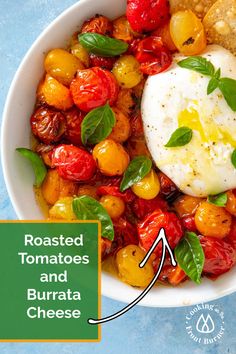 roasted tomatoes and burrata cheese in a bowl