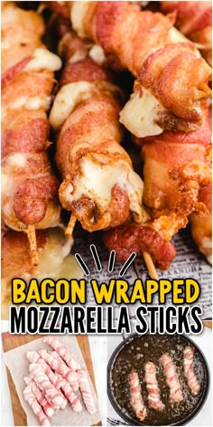 bacon wrapped mozzarella sticks are shown in this collage