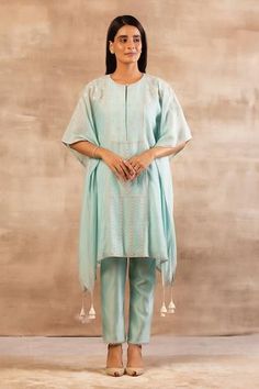 Shop for Sana Barreja Blue Chanderi Silk Kaftan Kurta Set for Women Online at Aza Fashions Blue Kaftan, Kaftan Kurta, Diwali Outfits, Elegant Jacket, Kaftan Style, Silk Kaftan, Thread Work, Kurta Set, Kurti Designs