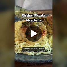 chicken piccata meatballs on a plate with noodles and sauce in the middle