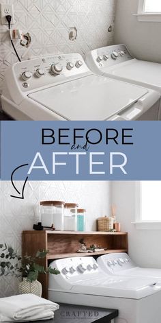 before and after photos of a washer and dryer in a bathroom with text overlay