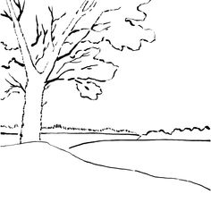 a black and white drawing of a tree with no leaves on the ground in front of a field