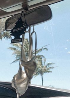 the interior of a car with palm trees in the background