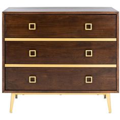 a wooden dresser with three drawers and gold handles