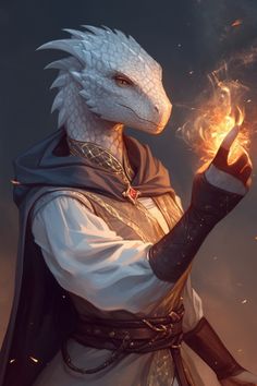 a white dragon dressed as a man holding a fire ball in his hand and wearing a cape