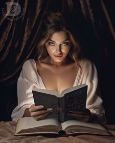 a woman is reading a book in the dark