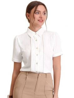 With a collared neckline, this fitted shirt feels perfectly retro when styled with high-waisted jeans or a mini skirt. These are great for business wear but also for a soft feminine style and look. The contrast trim of this shirt looks soft and comfortable to wear. Easy to stand out from the crowds. Puff Short Sleeve Blouse, Soft Feminine Style, Soft Feminine, Business Wear, Fitted Shirt, Shirt Blouses Tops, Collars For Women, Contrast Trim, Short Sleeve Blouse