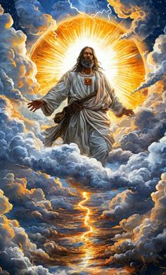 jesus standing in the clouds with his arms outstretched and hands out to the sun above him