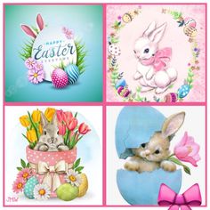 four different easter cards with bunny, eggs and flowers