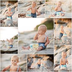 a collage of photos shows a baby sitting on the rocks eating cake and drinking milk