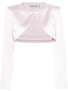 light pink satin weave crystal embellishment crew neck open front shoulder pads long sleeves full lining curved hem cropped Shoulder Cape, Wardrobe Edit, Yoko London, City Dress, Bolero Jacket, Dolce E Gabbana, Summer Beach Wear, Exclusive Fashion, Crystal Embellishment