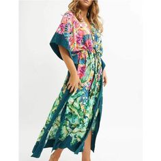 Polyester + Rayon Loose Cover Up Dress Fits Us Size S M L,Xl,Xxl,3xl Bust:63.77" Shoulder:35.43" Length:54.72" Exquisite And Vivid Pattern, Breezy Easily And Flows Beautifully. Does Not Stick To Your Swim Suit Versatile Design; Beautiful Beachwear Or Poolside Attire Makes You The Most Dazzling One In The Crowd Used As Cover Up Over Linen Pants And A Pretty Bra/Tank,Swimming Suit/Bikini And Sandals For Beach/Pool/Resort/Cruise You Can Also Add A Belt Or Sash.It Makes A Nice Pretty Summer Dress Fo Plus Size Caftan, Lotus Fabric, Work From Home Outfit, Pretty Summer Dresses, Long Kaftan, Cover Up Dress, Swimsuit Cover, Resort Wear, Half Sleeves