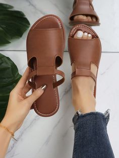 Rust Brown  Collar     Embellished   Women Shoes Women Casual Flats, Women Flat Sandals, Open Toe Slippers, Slip And Slide, Flat Slipper, Womens Summer Shoes, Beach Slippers, Casual Slippers, Casual Flats