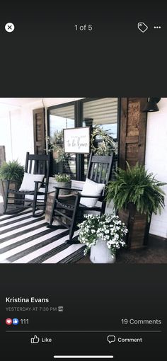 the front porch is decorated with black and white striped rugs, potted plants, and rocking chairs