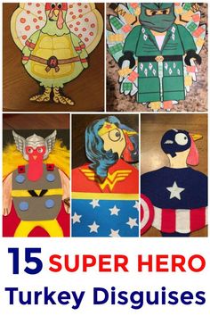 some paper cut outs that have been made to look like superheros and turkeys