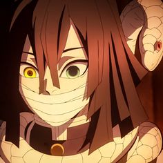 an anime character with long hair and yellow eyes looking at the camera while wearing a mask