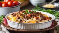 a casserole dish with meat, cheese and vegetables in it on a plate