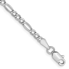 Rhodium over 14k white gold 2.5mm figaro link bracelet with a lobster claw clasp. Classic White Gold Jewelry With Figaro Chain, White Gold Oval Link Jewelry With Figaro Chain, White Gold Figaro Chain Link Jewelry, Formal White Gold Bracelets With Figaro Chain, Formal White Gold Bracelet With Figaro Chain, White Gold Sterling Silver Figaro Chain Bracelets, White Gold Sterling Silver Bracelet With Figaro Chain, White Gold Sterling Silver Bracelets With Figaro Chain, Lobster Claw