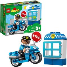 lego duplo police officer on motorcycle with stop sign and building block toy set