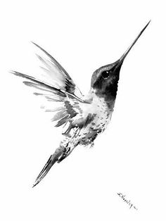 a black and white photo of a hummingbird flying in the air with its wings spread