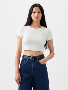 Supersoft modal-blend cropped top.  Round collar.  Short sleeves.  * Fit: Stretch-to-Fit.  Slim & stretchy that forms to your shape.  Ultra cropped, hits above the waist.  Models wearing Gap Character Fashion, Cropped T Shirt, Top Round, Crop Tshirt, Cropped Top, Round Collar, Gap, Short Sleeves, Off White