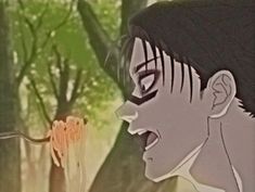 an animated image of a woman yelling at a man in the woods with trees behind her