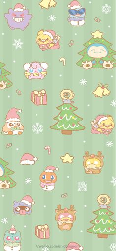 a green background with many different cartoon animals and christmas tree decorations on the bottom right corner