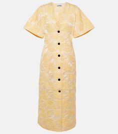 Floral jacquard shirt dress in yellow - Ganni | Mytheresa Ladies Day Dresses, Jacquard Shirt, Floral Shirt Dress, Floral Jacquard, Satin Midi Dress, Pink Midi Dress, Midi Shirt Dress, Knit Midi, Knit Midi Dress