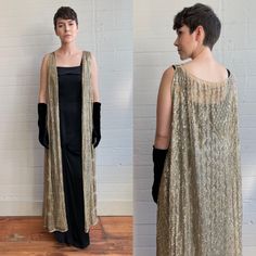 A truly incredible piece of work! This 1920s assuit piece is heavily embellished with metal over a cream mesh, it looks beautiful over this simple black 30s dress (not included).    - open front, no closures - very heavy!  - gold tone metal  - incredible geometric pattern   size: one size fits most, open overdress  condition: good vintage condition, a few breaks in the mesh (I only found two) and a small area of discoloration on the center back by the knees. See last photo for flaw. Overall in b 1920s Gown, 1920s Evening Dress, 20s Fashion Dresses, Turkey Fashion, 1920s Looks, 1920 Dress, 30s Dress, Egyptian Fashion, Crochet Wedding Dresses