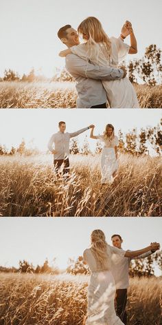 two people standing in tall grass with their arms around each other and one person holding the other