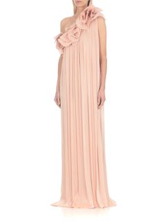 - Pink Costarellos georgette one-shoulder dress for woman - Wide neckline with floral application - Lurex details - Flared and pleated hemComposition: 100% Polyester Dress For Woman, Zimmermann Dress, Pleats Please Issey Miyake, Feminine Design, Yoga Wear, Skirt Suit, Luxury Fabrics, Signature Style, Dress To Impress