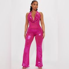 Ultimate Barbiecore Hot Pink Metallic Pant Set Top Worn Once In Size Large Xl Comes With Tags Pants In Large Were Not Worn Sold Out In Xl, Very Few Left In Size L Brand: Fashionnova Fitted Jumpsuits And Rompers For Party, Fitted Trousers Jumpsuits And Rompers For Party, Fitted Trousers Jumpsuit For Party, Pink Wide Leg Sets For Night Out, Fitted Long Pants Jumpsuits And Rompers For Party, Fitted Long Pants Jumpsuits For Party, Fitted Party Jumpsuits And Rompers With Long Pants, Fitted Pink Wide Leg Jumpsuit, Spandex Outfits